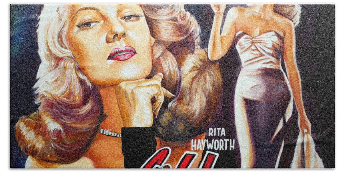 Rita Hayworth Bath Towel featuring the painting Rita Hayworth - Gilda by Star Portraits Art