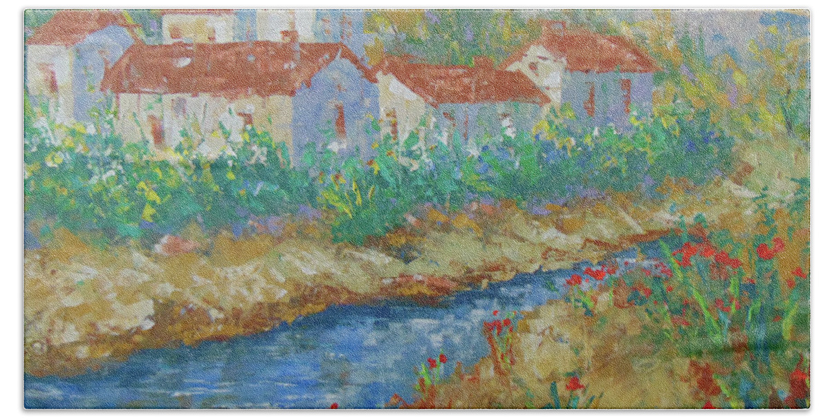 Provence Hand Towel featuring the painting River of Provence by Frederic Payet