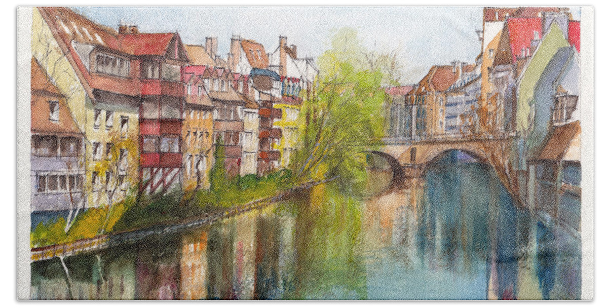 Rive Bath Towel featuring the painting River Pegnitz in Nuremberg Old Town Germany by Dai Wynn