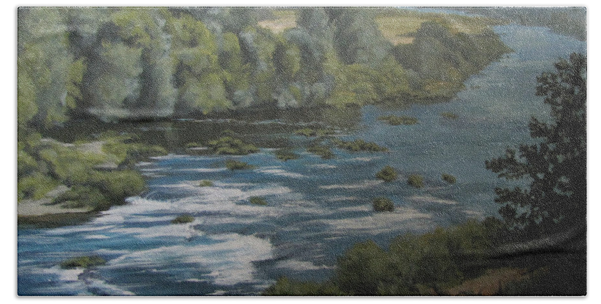 River Bath Towel featuring the painting River View by Karen Ilari