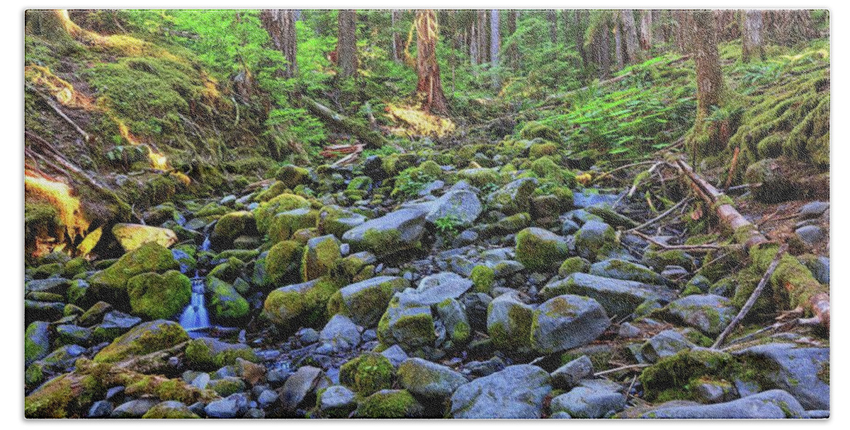 Wallpaper Hand Towel featuring the photograph Riverbed full of mossy stones with small cascade by Kyle Lee