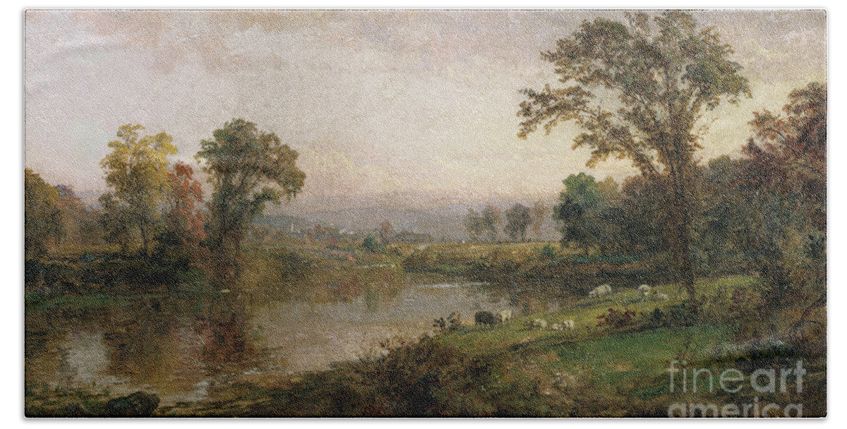 Riverscape; Early Autumn; Autumnal; Fall; Landscape; Hudson River School; Riverbank; Bank; Sheep; Flock; Rural; America; American; Herd Bath Towel featuring the painting Riverscape in Early Autumn by Jasper Francis Cropsey