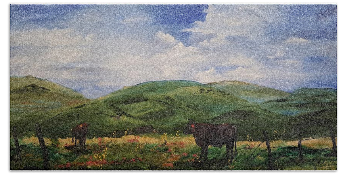 Cows Hand Towel featuring the painting Road to Melrose, Montana     32 by Cheryl Nancy Ann Gordon