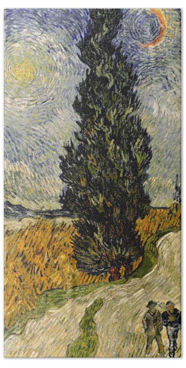 Road Bath Towel featuring the painting Road with Cypresses by Vincent Van Gogh