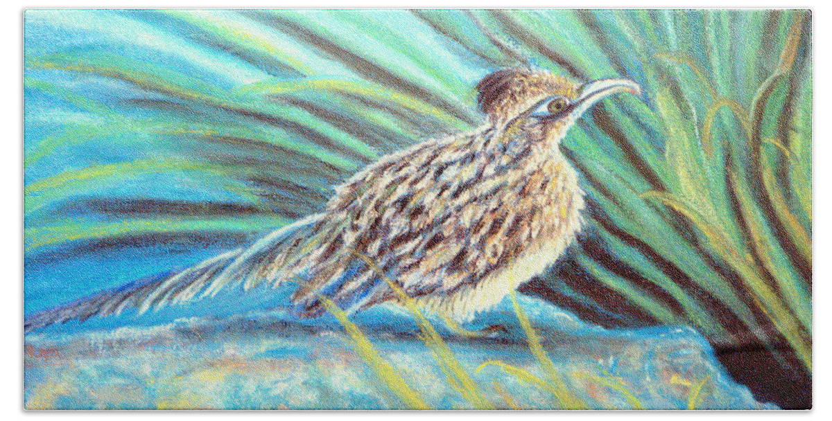 Roadrunner Hand Towel featuring the pastel Roadrunner Fluffing Sold  Pastel by Antonia Citrino