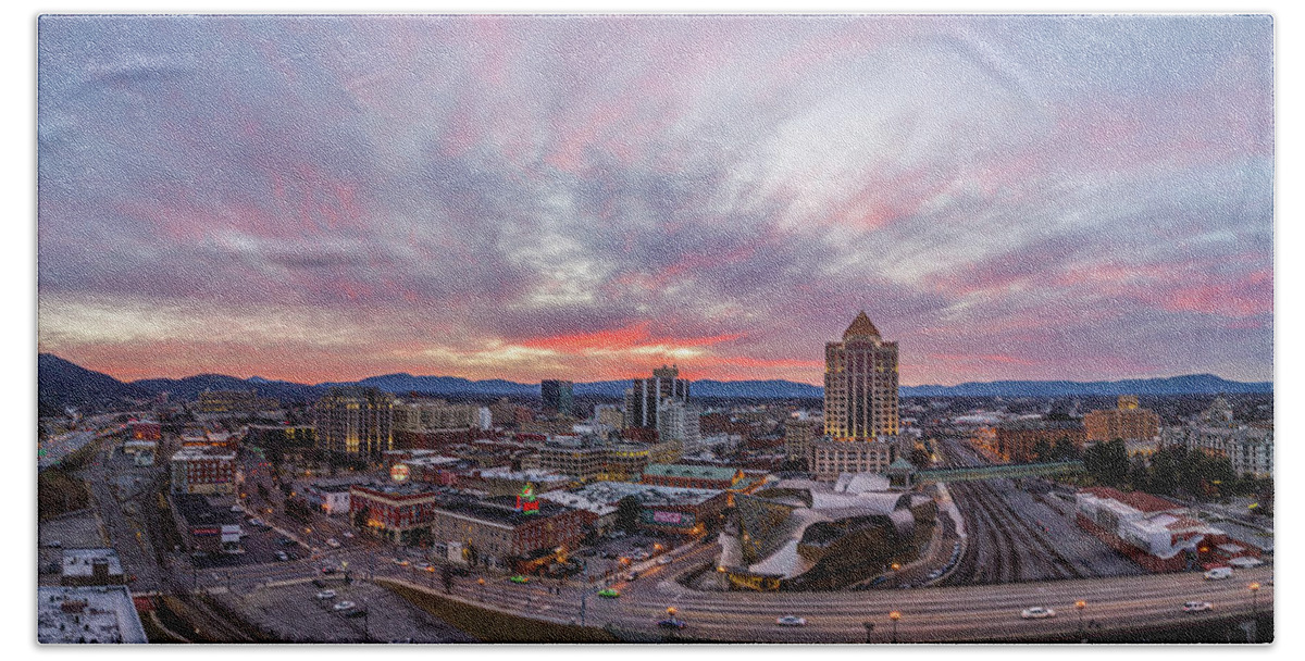 Roanoke Hand Towel featuring the photograph Roanoke Sunset Panoramic by Star City SkyCams