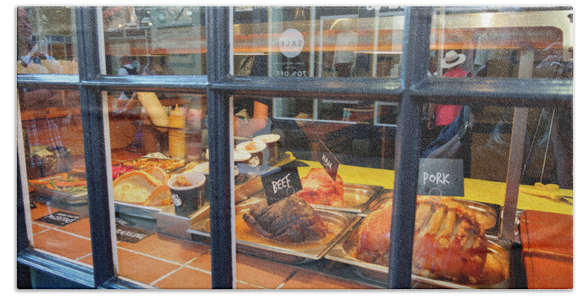 Roasted Bath Towel featuring the photograph Roasted meats in a shop window in York England by Louise Heusinkveld