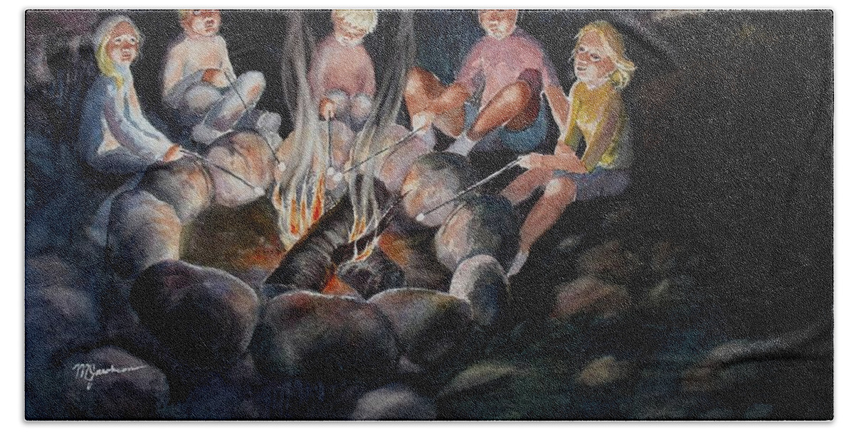 Family Bath Towel featuring the painting Roasting Marshmallows by Marilyn Jacobson