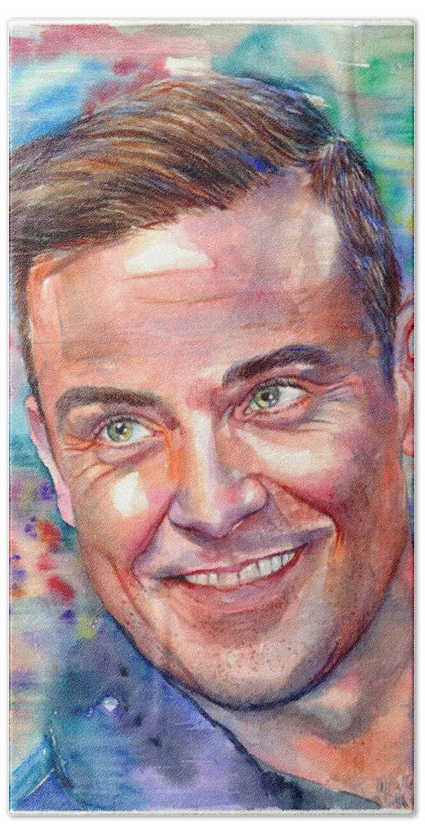Robbie Williams Hand Towel featuring the painting Robbie Williams portrait by Suzann Sines