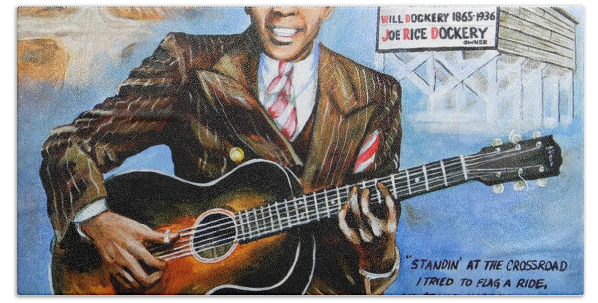 Robert Johnson Bath Towel featuring the painting Robert Johnson Mississippi Delta Blues by Karl Wagner