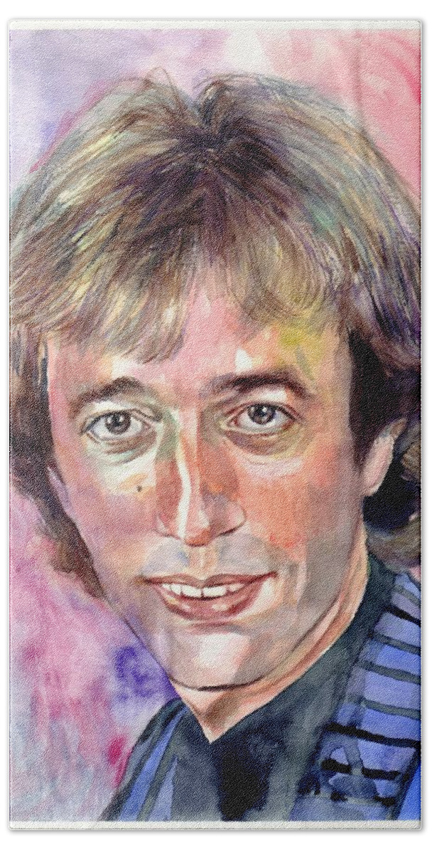 Robin Bath Sheet featuring the painting Robin Gibb portrait watercolor by Suzann Sines