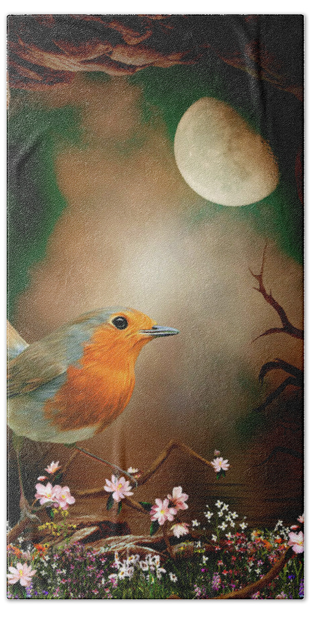 Robin In The Moonlight Bath Towel featuring the digital art Robin in the moonlight by John Junek