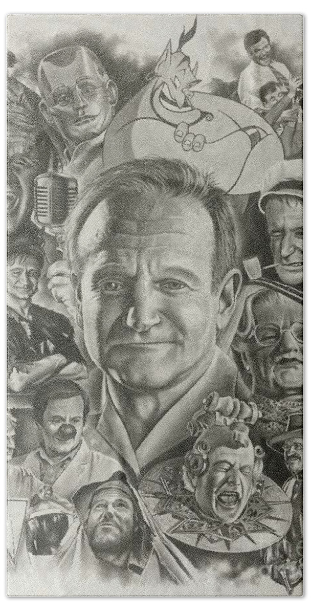 Robin Williams Bath Sheet featuring the drawing Robin Williams by James Rodgers