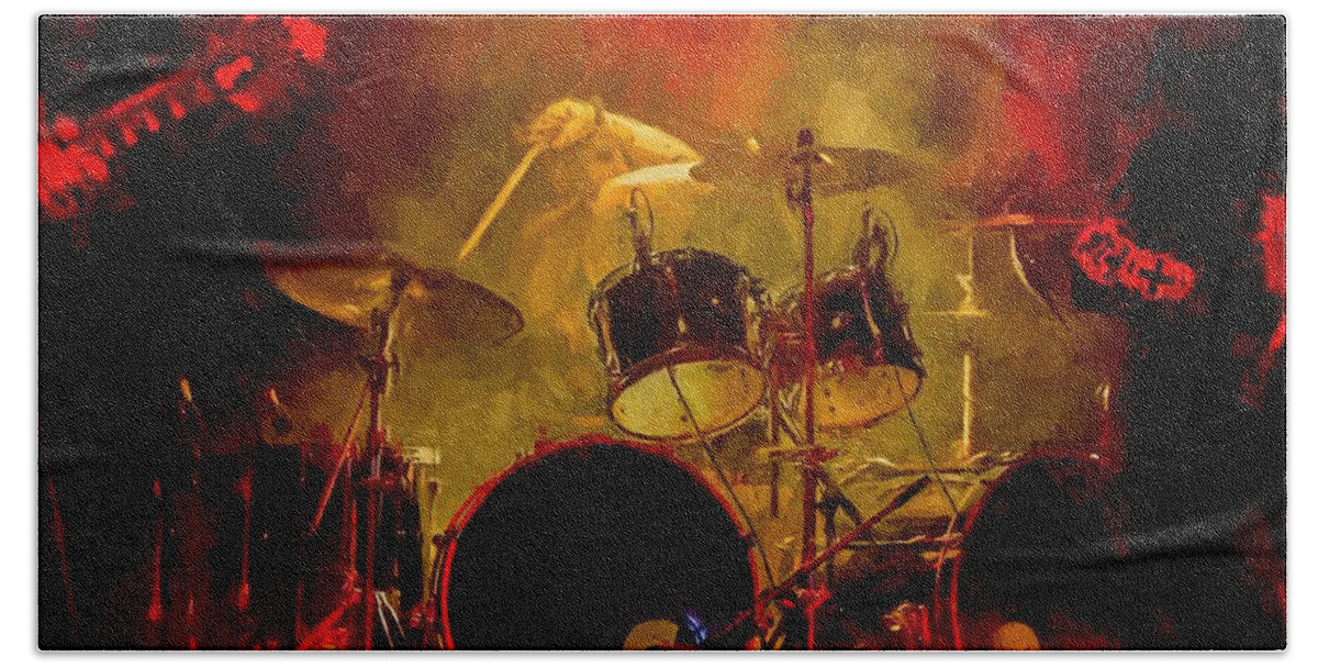 Rock And Roll Drum Solo # Rock And Roll # Drum Set # Rock And Roll Drum Paintings # Abstract Music Art # Zildjian # Drum Solo Painting # Concert # Smoke # Fog # Hand Towel featuring the digital art Rock And Roll Drum Solo by Louis Ferreira