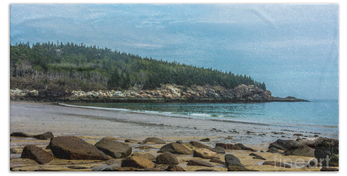 Sky Hand Towel featuring the photograph Rock Cover Maine beach with blue sky above by Daniel Ryan