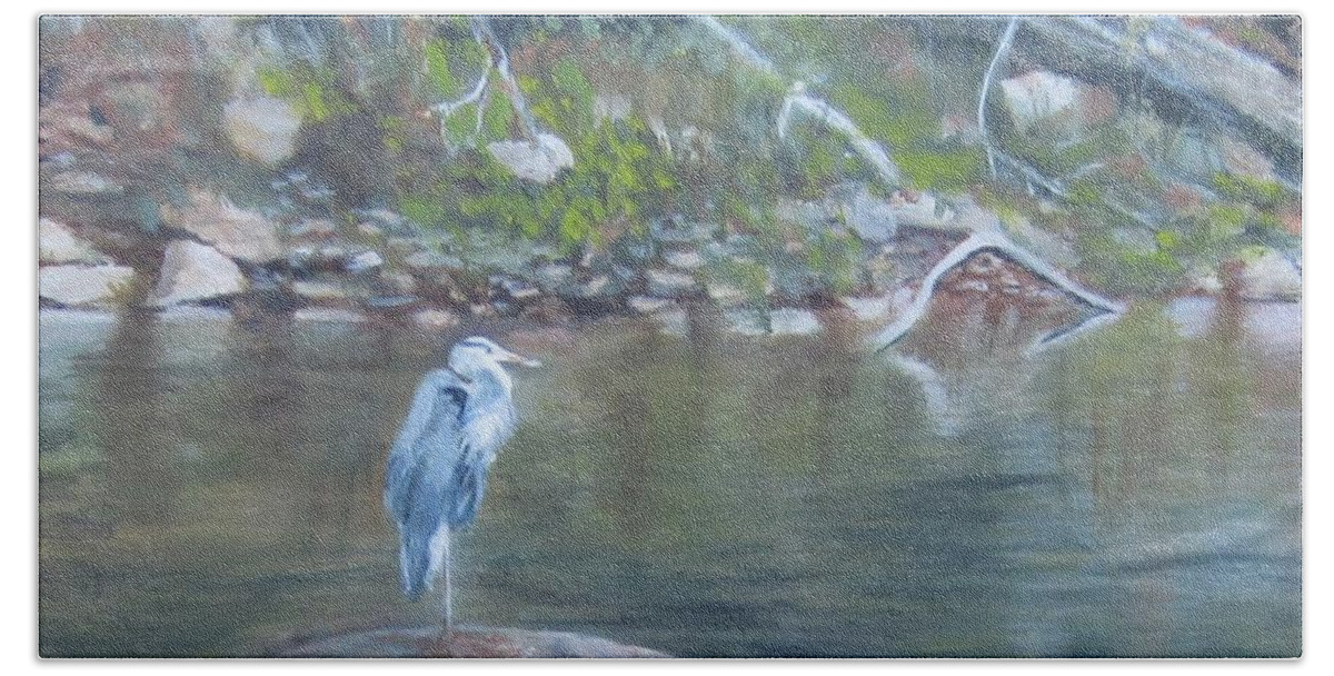 Blue Heron Bath Towel featuring the painting Rock Star by Paula Pagliughi