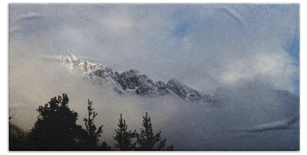 Mountains Bath Towel featuring the photograph Rockies in the Clouds. by Ellery Russell