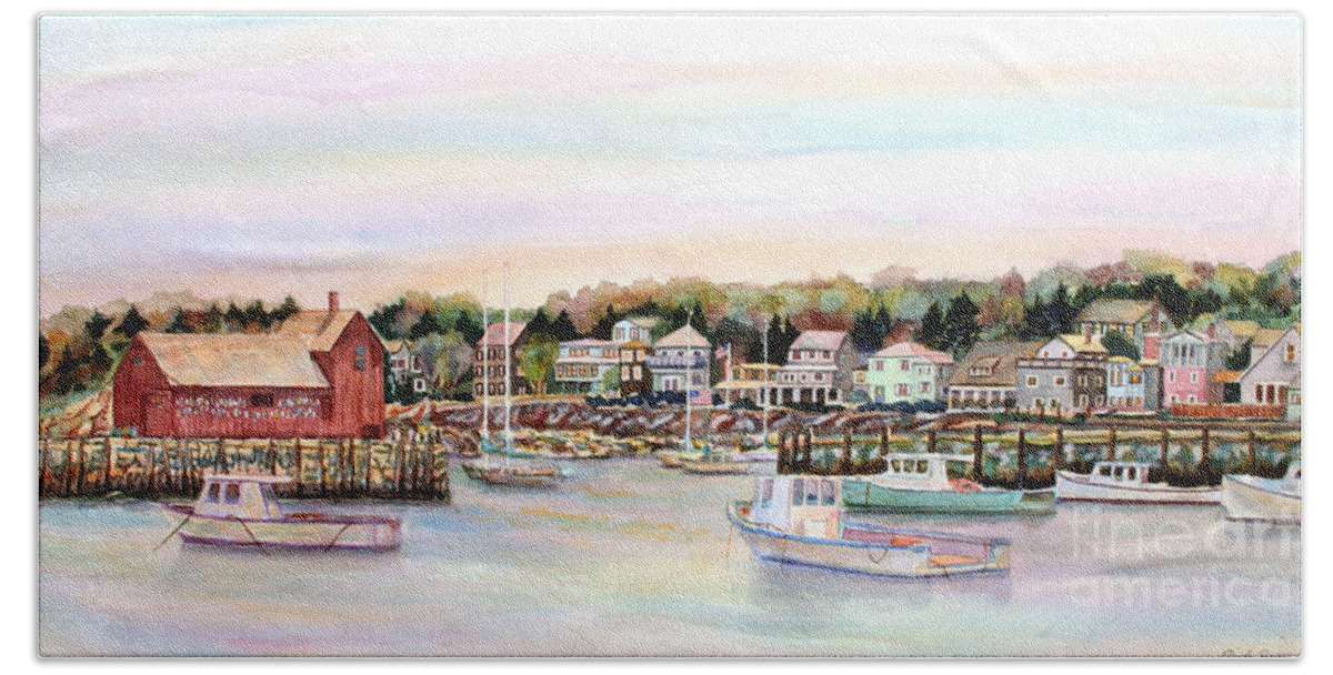 Rockport Hand Towel featuring the painting Rockport Harbor MA by Pamela Parsons