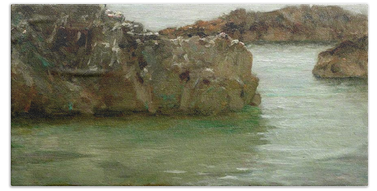 Rocks Bath Towel featuring the painting Rocks at Newporth by Henry Scott Tuke