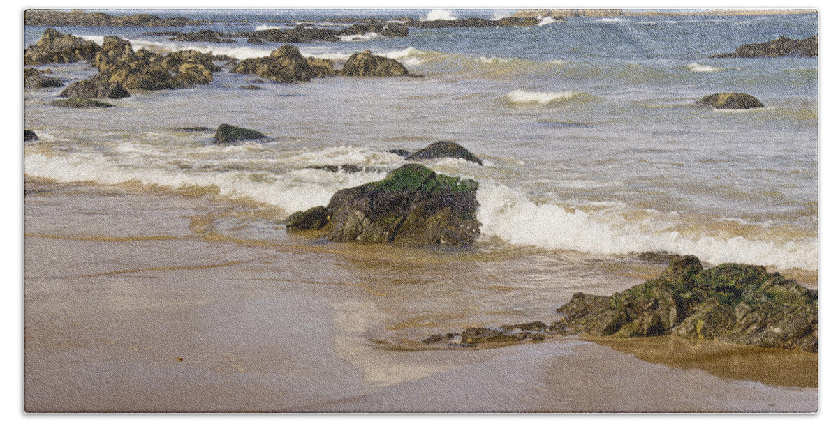 Rocks Bath Sheet featuring the photograph Rocks, waves, sand and sky reflection. by Elena Perelman