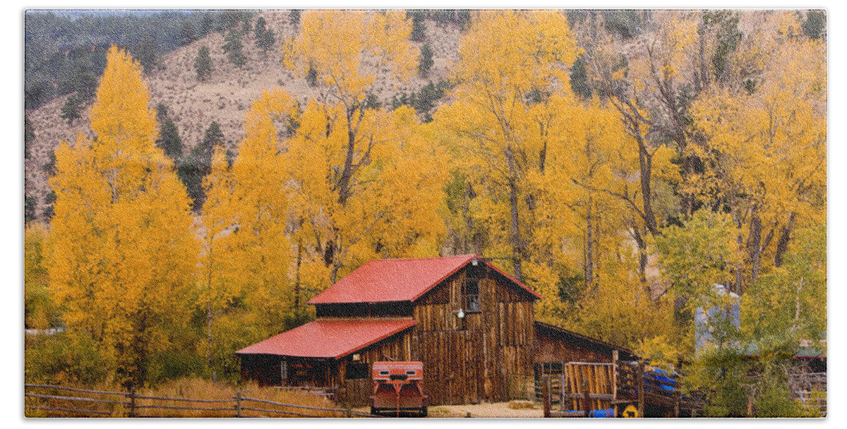 Barns Bath Towel featuring the photograph Rocky Mountain Autumn Ranch Landscape by James BO Insogna
