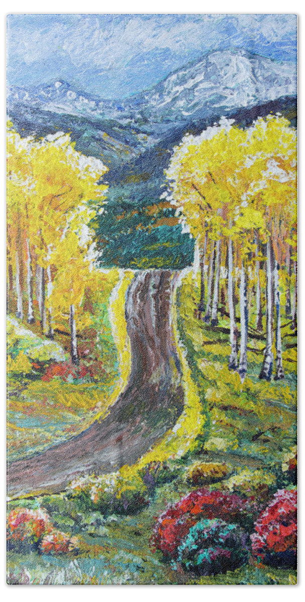 Rocky Mountain Hand Towel featuring the painting Rocky Mountain Road by Aaron Spong
