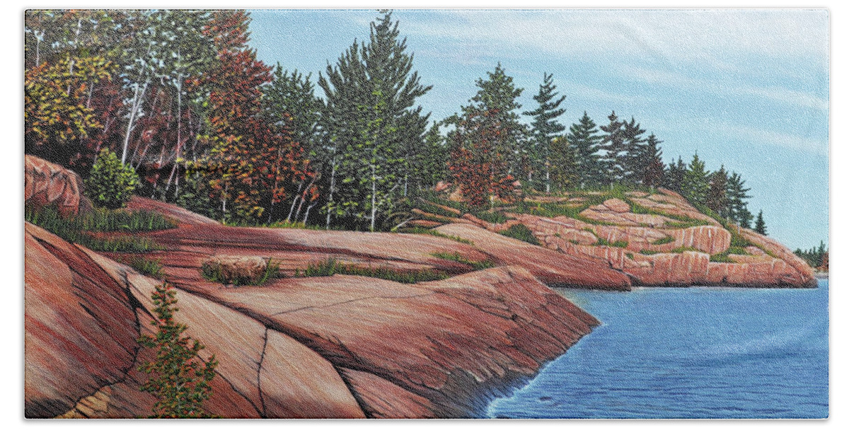 River Bath Towel featuring the painting Rocky River Shore by Kenneth M Kirsch