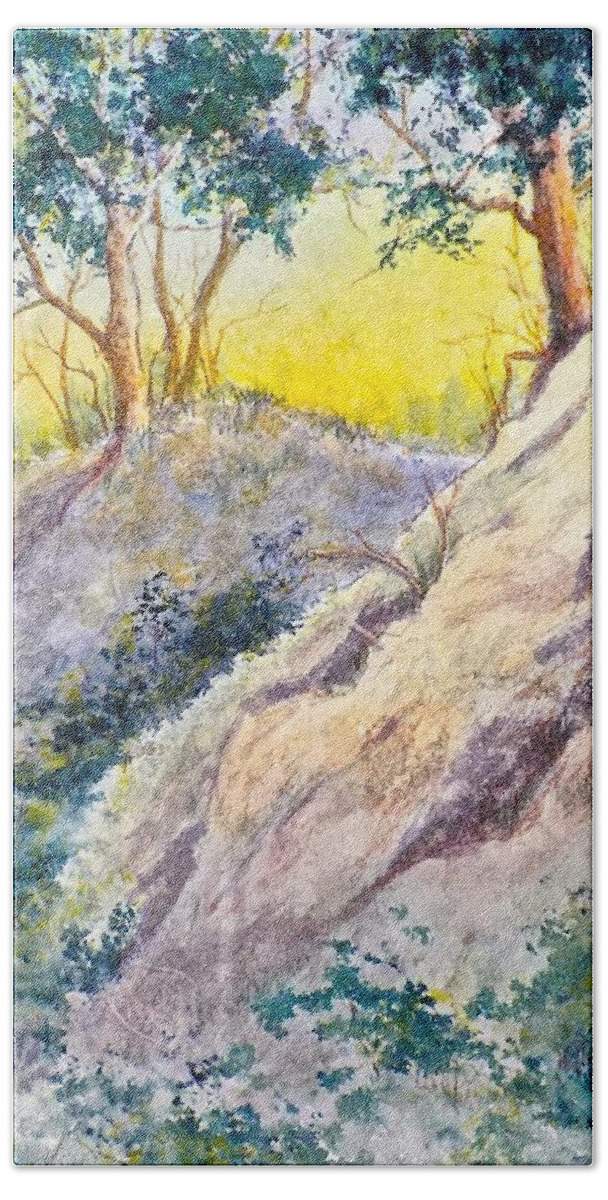 Watercolor Bath Towel featuring the painting Rocky Slope by Carolyn Rosenberger