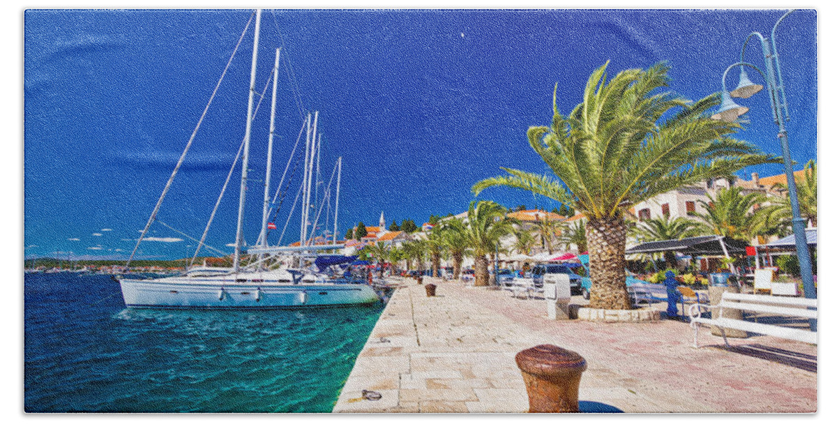 Rogoznica Bath Towel featuring the photograph Rogoznica sailing destination in Dalmatia waterfront view by Brch Photography