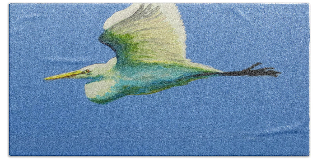 Egret Hand Towel featuring the painting Rolling Egret by Anne Marie Brown