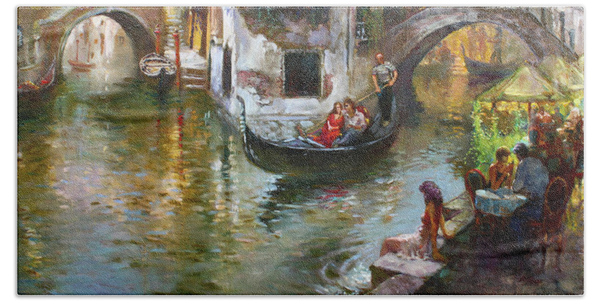 Venice Bath Towel featuring the painting Romance in Venice 2 by Ylli Haruni
