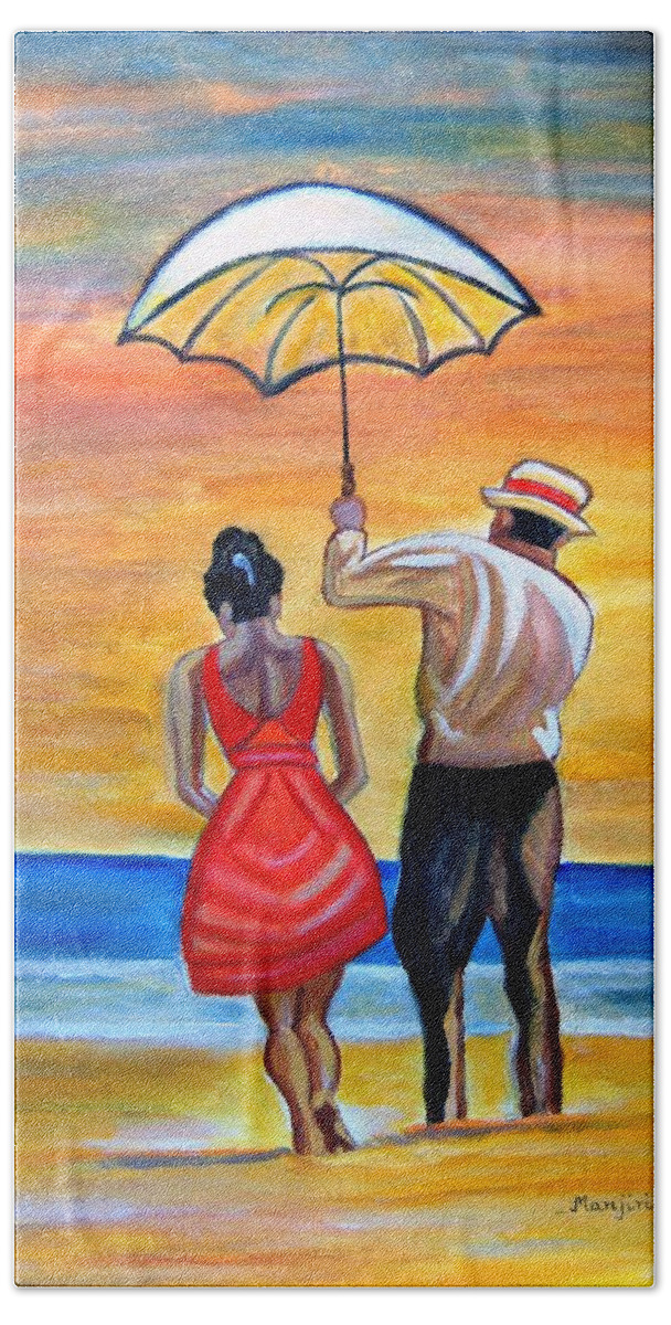 Romantic Painting Figures Romance Umbrella Beach Blue Red Orange People Valentine Sand Hand Towel featuring the painting Romance on the beach by Manjiri Kanvinde