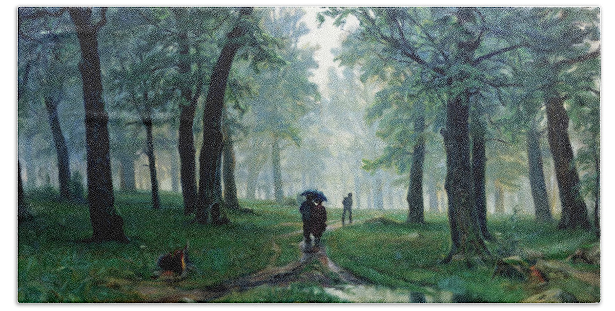 Romantic Forest Walk In The Rain Bath Towel featuring the painting Romantic Forest Walk In The Rain by Georgiana Romanovna