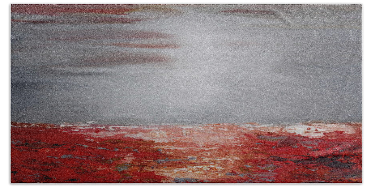 Red Hand Towel featuring the painting Romantic sea by Preethi Mathialagan