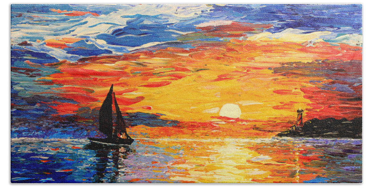 Seascape Hand Towel featuring the painting Romantic Sea Sunset by Georgeta Blanaru