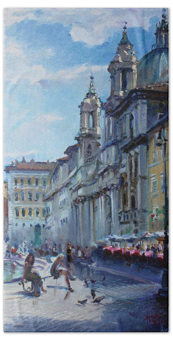 Italy Hand Towel featuring the painting Rome Piazza Navona by Ylli Haruni