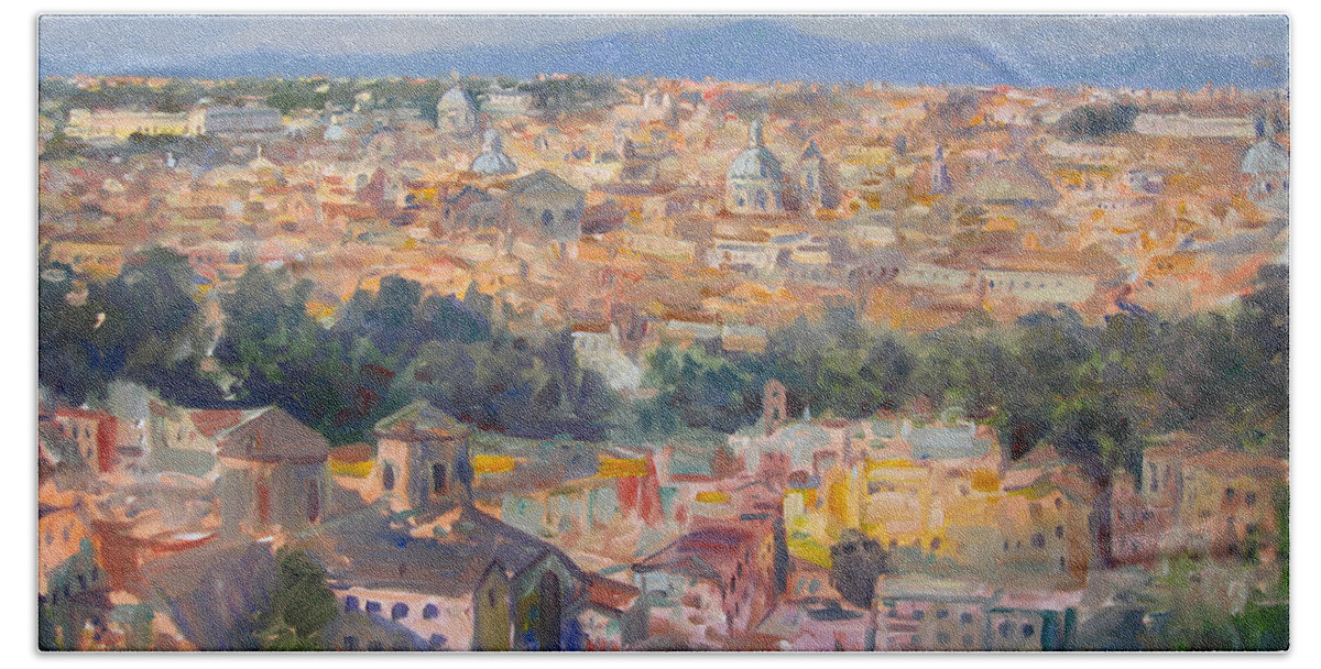 Rome Bath Sheet featuring the painting Rome View from Gianicolo by Ylli Haruni