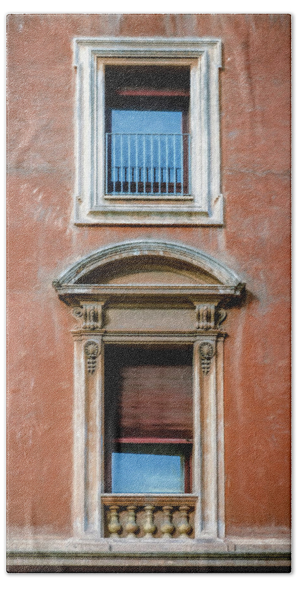 Joan Carroll Bath Towel featuring the photograph Rome Windows and Balcony by Joan Carroll