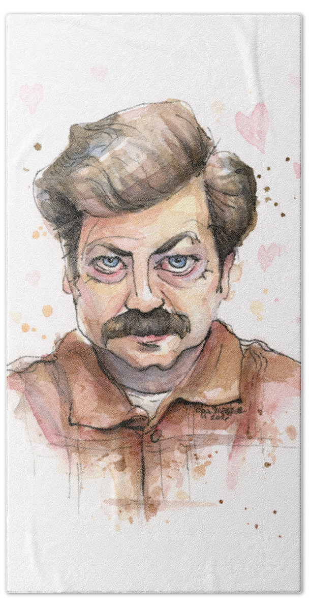 Parks Rec Hand Towel featuring the painting Ron Swanson Funny Love Portrait by Olga Shvartsur