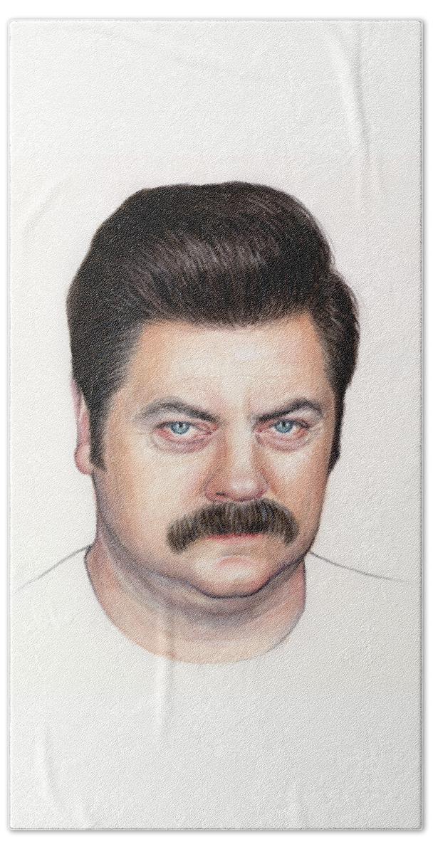 Ron Swanson Hand Towel featuring the painting Ron Swanson Portrait Nick Offerman by Olga Shvartsur