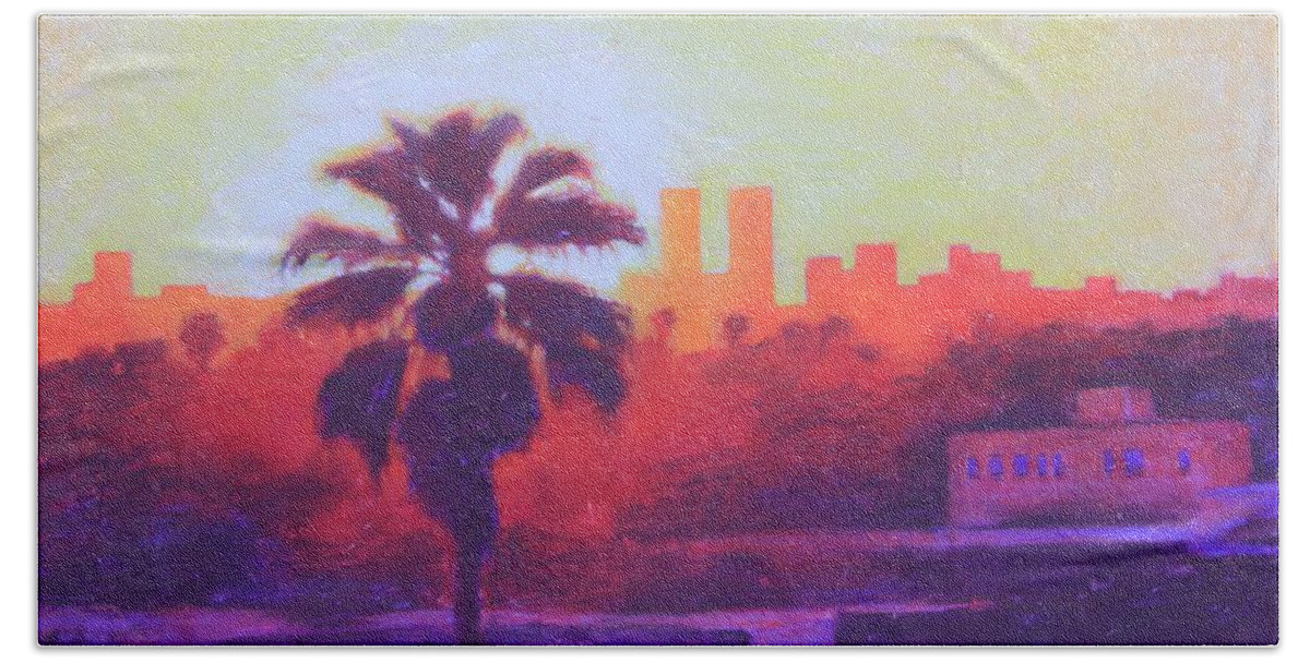 Los Angeles Hand Towel featuring the painting Rooftop Glow by Andrew Danielsen