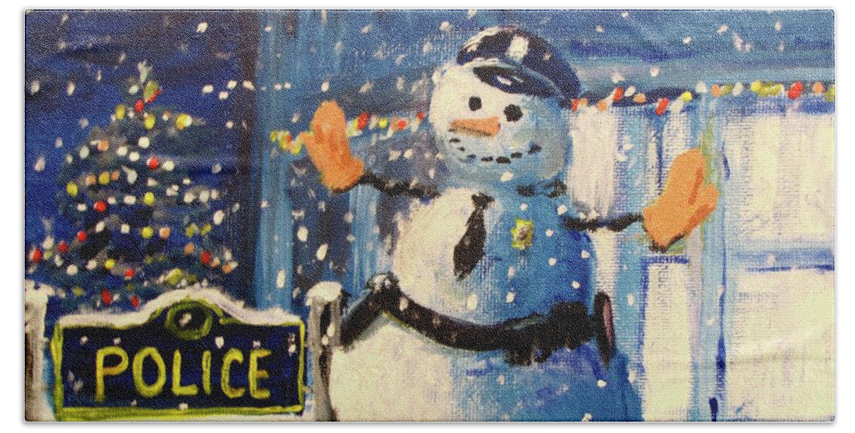 Police Officer Hand Towel featuring the painting Rookie Working Christmas Eve by Jack Skinner