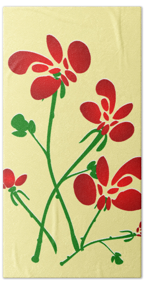Red Bath Towel featuring the digital art Rooster Flowers by Anastasiya Malakhova
