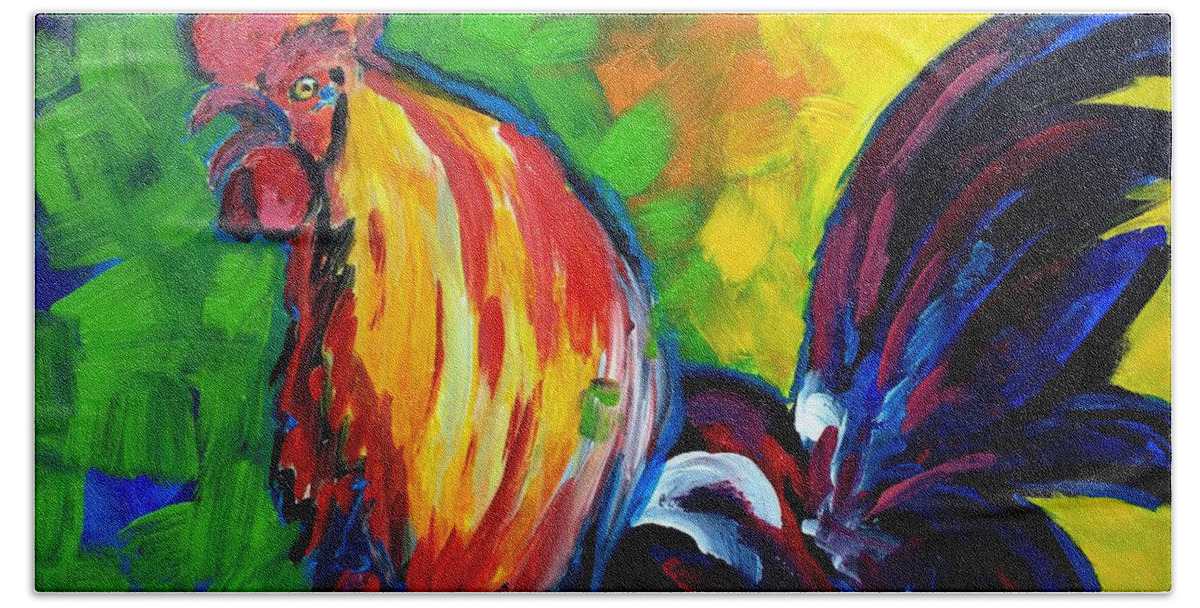 Colorful Animal Art Bath Towel featuring the painting Rooster by Lidija Ivanek - SiLa