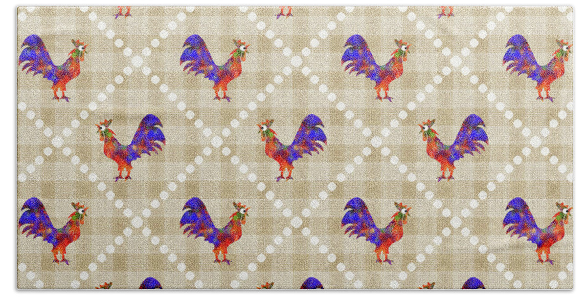 Rooster Pattern Bath Towel featuring the mixed media Rooster Pattern by Christina Rollo