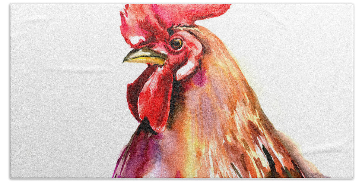 Rooster Hand Towel featuring the painting Rooster Portrait by Suren Nersisyan