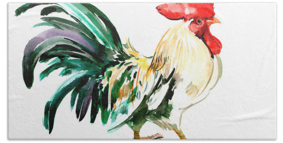Rooster Hand Towel featuring the painting Rooster by Suren Nersisyan