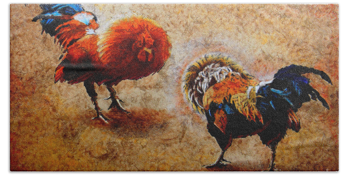 Roosters Paintings Bath Towel featuring the painting R O O S T E R S . S C E N E by J U A N - O A X A C A