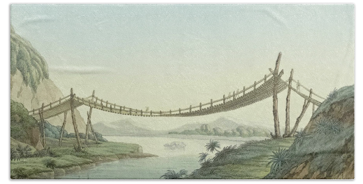 Bridge Hand Towel featuring the painting Rope Bridge near Penipe by Friedrich Alexander Baron von Humboldt