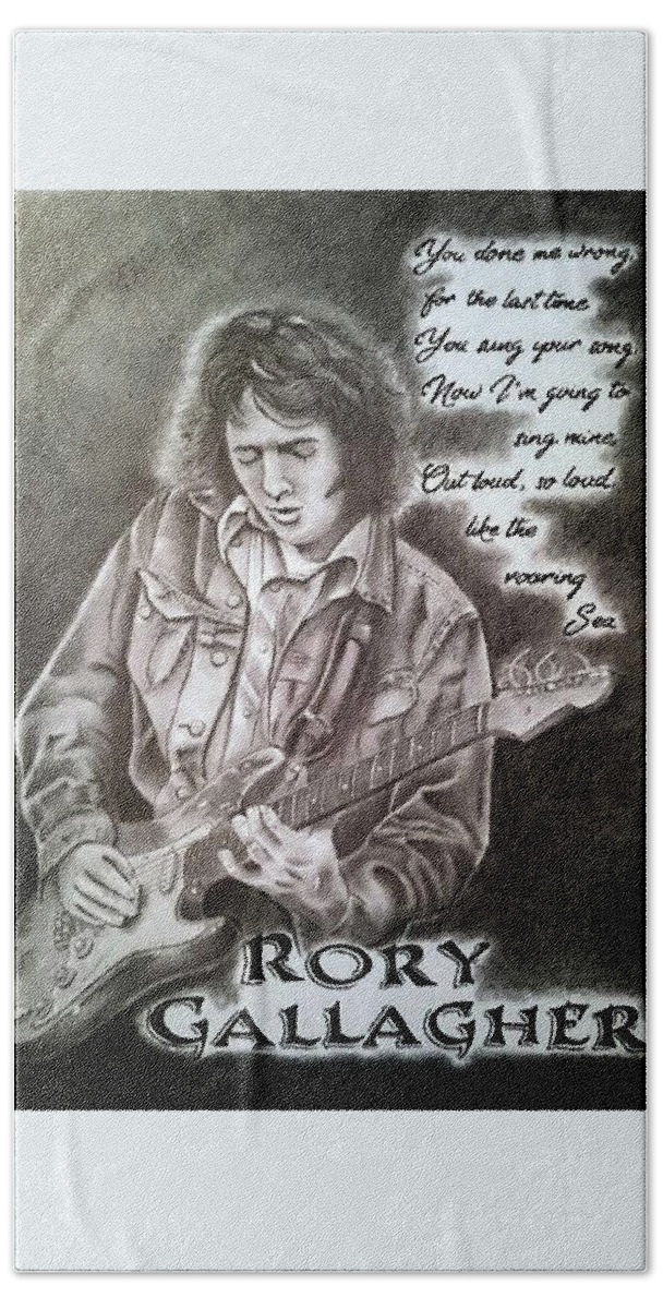 Irish Blues And Guitar Legend Hand Towel featuring the drawing Rory Gallagher by James Lynch
